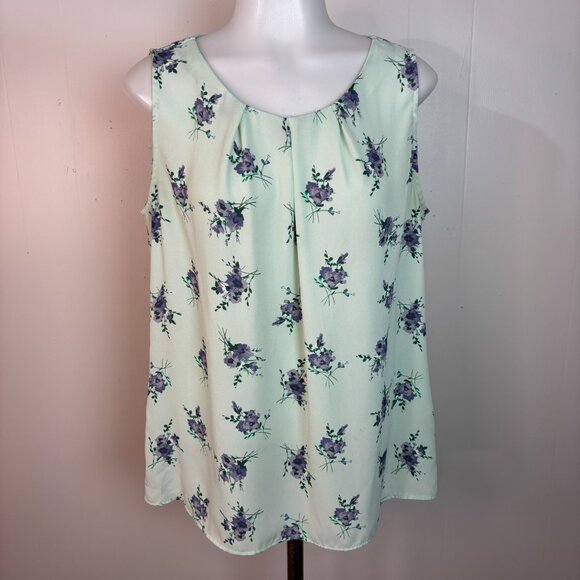LOFT Tops - LOFT Tank Top Medium Mint Green Purple Floral Sheer Sleeveless Blouse Women's